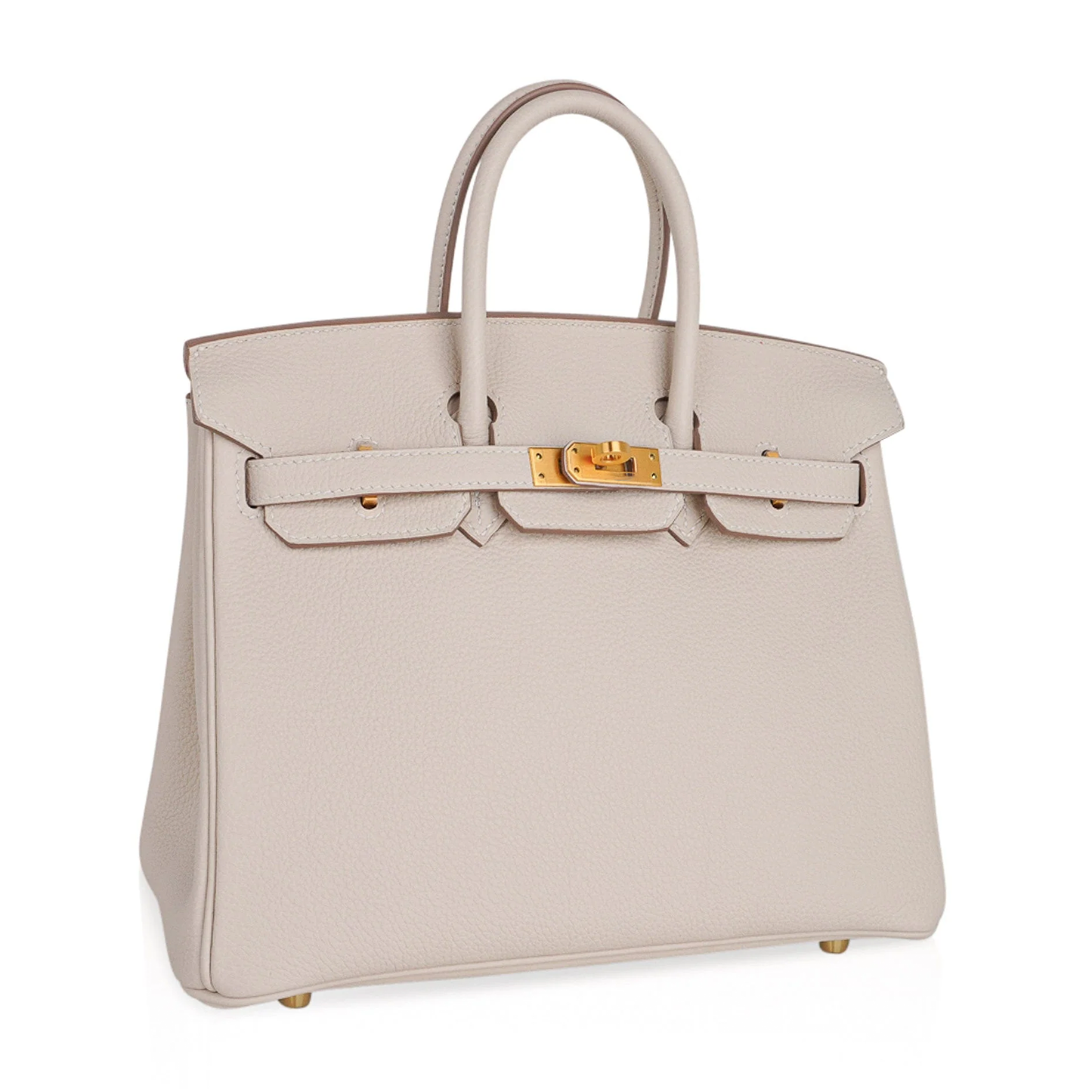 Soft Pale Concrete Neutral Gentle Pebbled Grain Compact Structured Hand Tote With Vibrant Pink Inner Lining, Brushed Golden Twist Lock Hardware And Matching Neutral Suspended Metal Padlock Charm