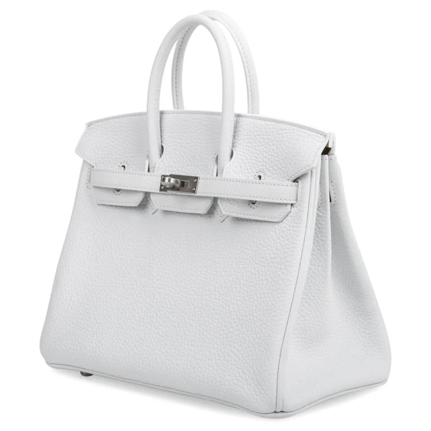 Crisp Bright White Soft Pebbled Grain Compact Box Hand Tote With Warm Muted Tan Inner Lining, Brushed Silvery Twist Lock Hardware And Matching White Suspended Metal Padlock Charm