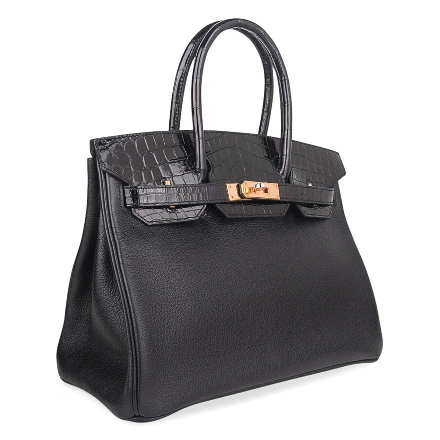 Sleek All-Black Dual Finish Compact Structured Hand Tote With Glossy Scaled Trim, Blush Rose Gold Twist Lock Hardware And Matching Scaled Suspended Metal Padlock Charm