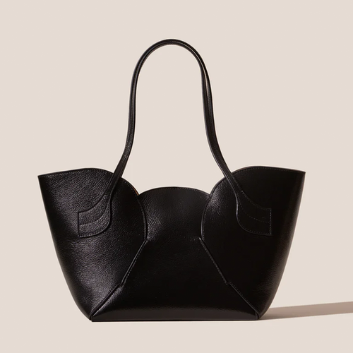 Polished Solid Black Scalloped Tulip Silhouette Structured Shoulder Tote With Integrated Long Shoulder Straps And Warm Neutral Inner Lining