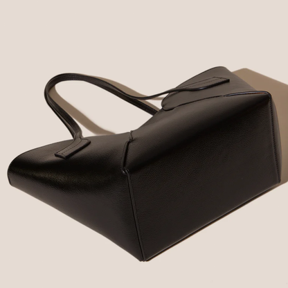 Polished Solid Black Scalloped Tulip Silhouette Structured Shoulder Tote With Integrated Long Shoulder Straps And Warm Neutral Inner Lining