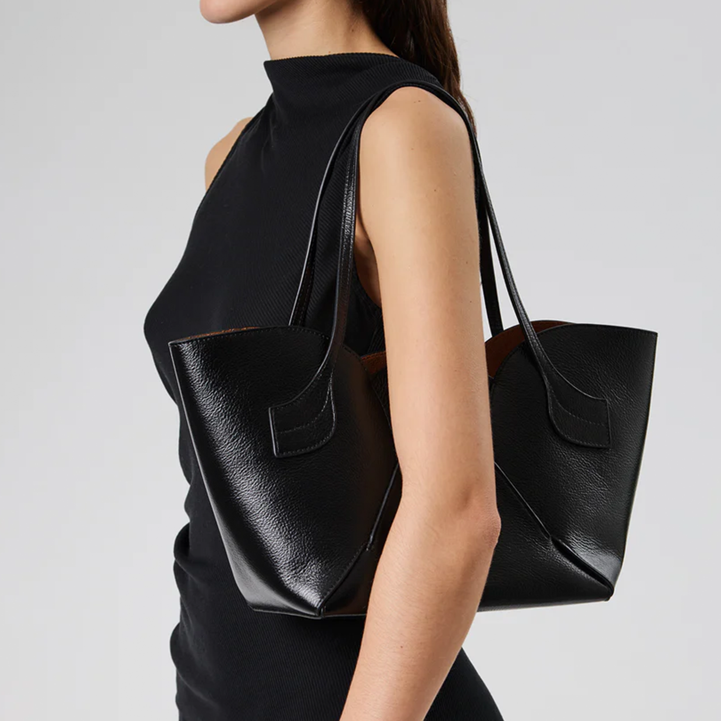 Polished Solid Black Scalloped Tulip Silhouette Structured Shoulder Tote With Integrated Long Shoulder Straps And Warm Neutral Inner Lining