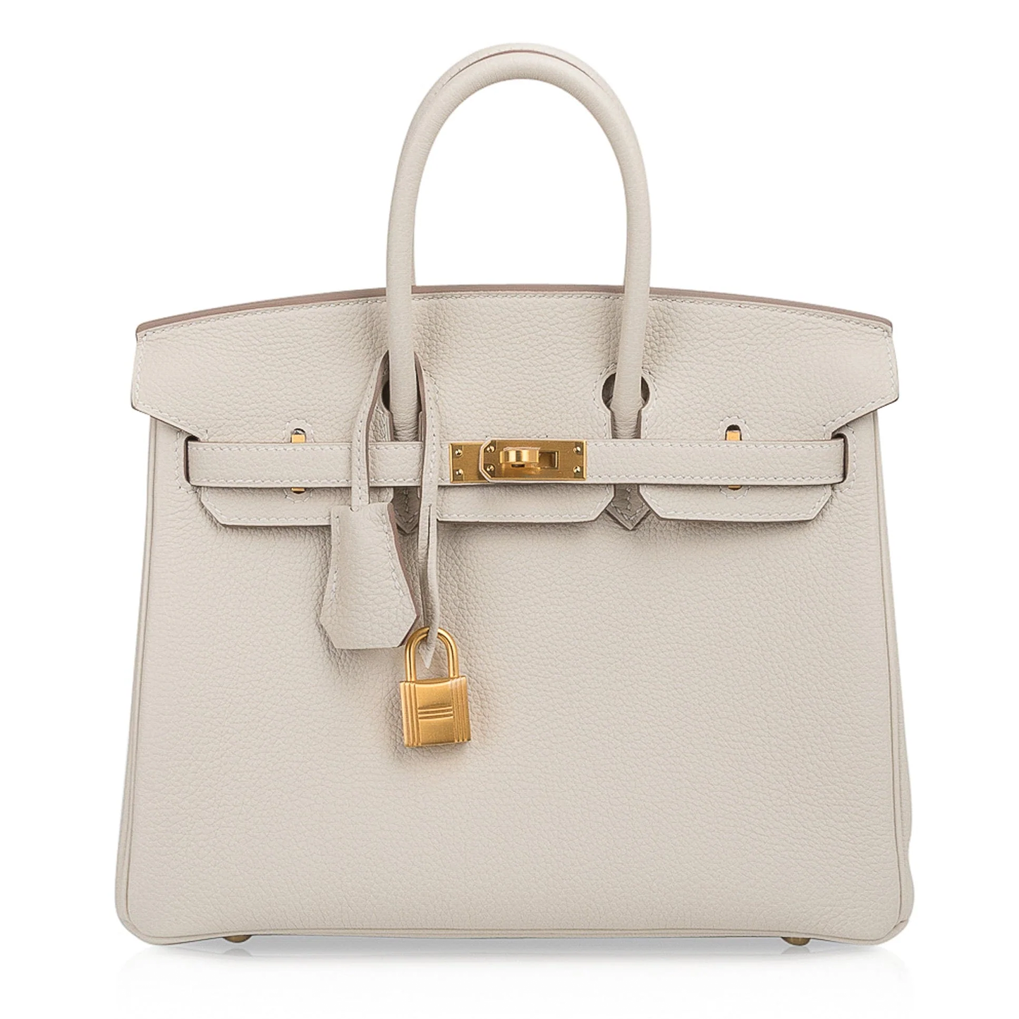Soft Pale Concrete Neutral Gentle Pebbled Grain Compact Structured Hand Tote With Vibrant Pink Inner Lining, Brushed Golden Twist Lock Hardware And Matching Neutral Suspended Metal Padlock Charm