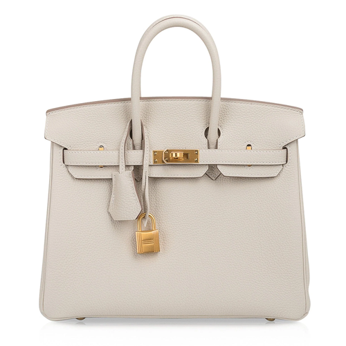 Soft Pale Concrete Neutral Gentle Pebbled Grain Compact Structured Hand Tote With Vibrant Pink Inner Lining, Brushed Golden Twist Lock Hardware And Matching Neutral Suspended Metal Padlock Charm