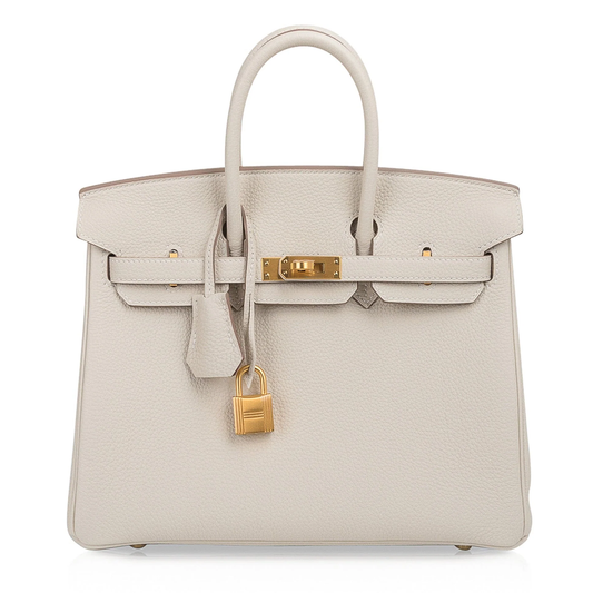 Soft Pale Concrete Neutral Gentle Pebbled Grain Compact Structured Hand Tote With Vibrant Pink Inner Lining, Brushed Golden Twist Lock Hardware And Matching Neutral Suspended Metal Padlock Charm