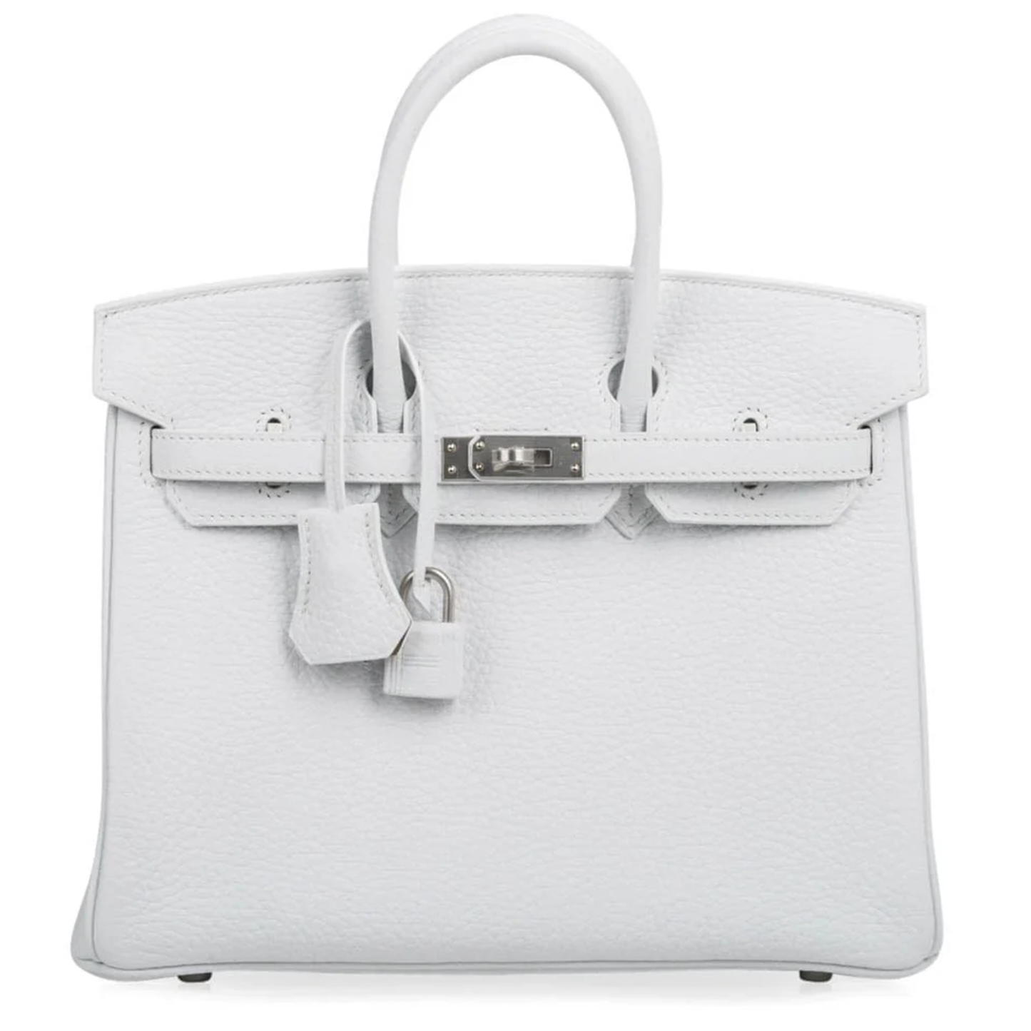 Crisp Bright White Soft Pebbled Grain Compact Box Hand Tote With Warm Muted Tan Inner Lining, Brushed Silvery Twist Lock Hardware And Matching White Suspended Metal Padlock Charm