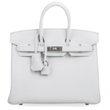 Crisp Bright White Soft Pebbled Grain Compact Box Hand Tote With Warm Muted Tan Inner Lining, Brushed Silvery Twist Lock Hardware And Matching White Suspended Metal Padlock Charm