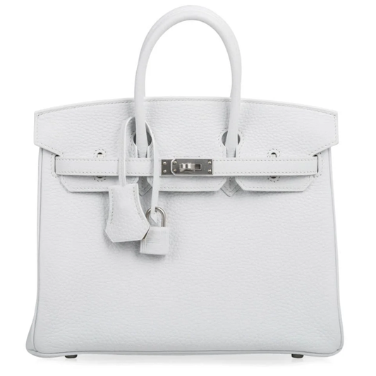 Crisp Bright White Soft Pebbled Grain Compact Box Hand Tote With Warm Muted Tan Inner Lining, Brushed Silvery Twist Lock Hardware And Matching White Suspended Metal Padlock Charm