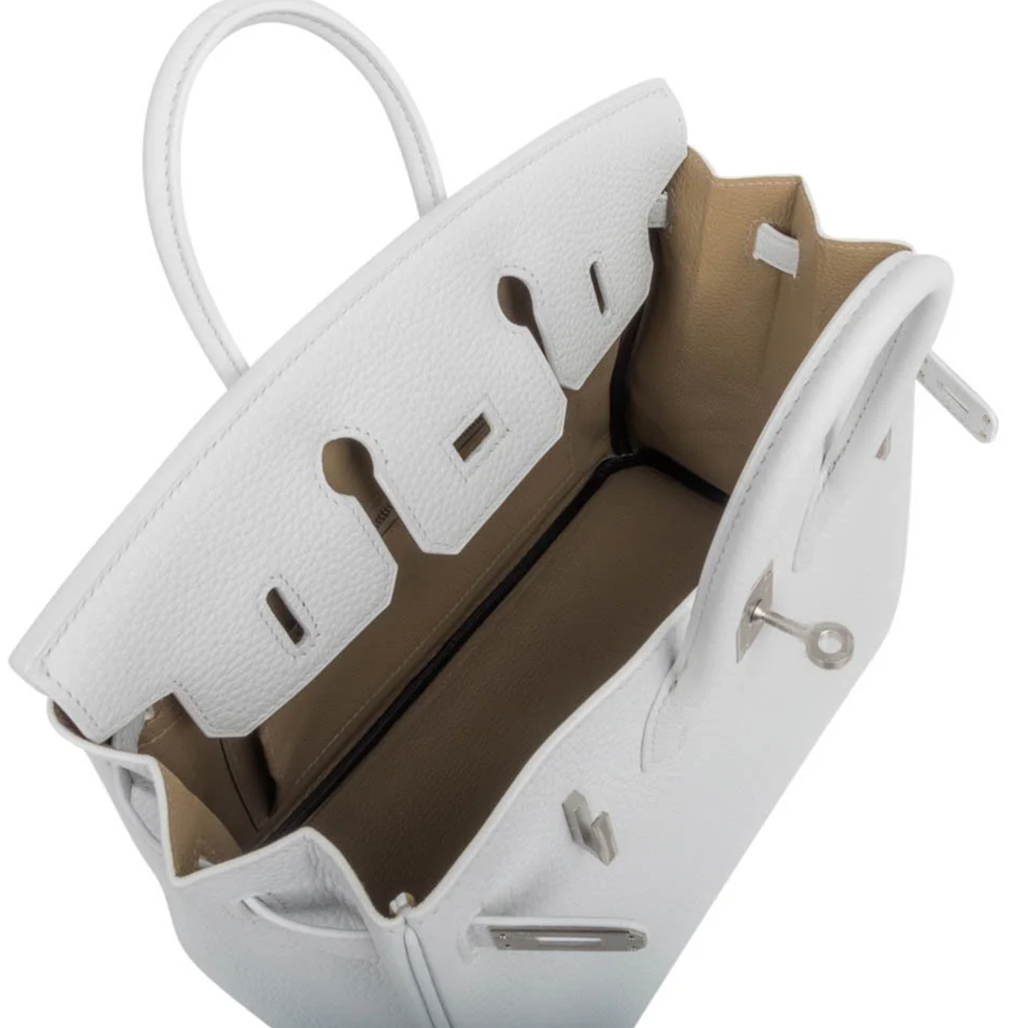 Crisp Bright White Soft Pebbled Grain Compact Box Hand Tote With Warm Muted Tan Inner Lining, Brushed Silvery Twist Lock Hardware And Matching White Suspended Metal Padlock Charm
