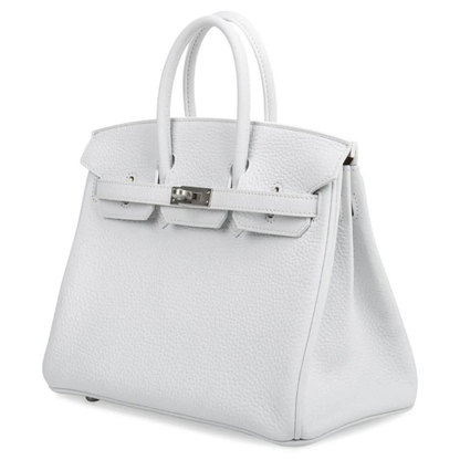 Crisp Bright White Soft Pebbled Grain Compact Box Hand Tote With Warm Muted Tan Inner Lining, Brushed Silvery Twist Lock Hardware And Matching White Suspended Metal Padlock Charm