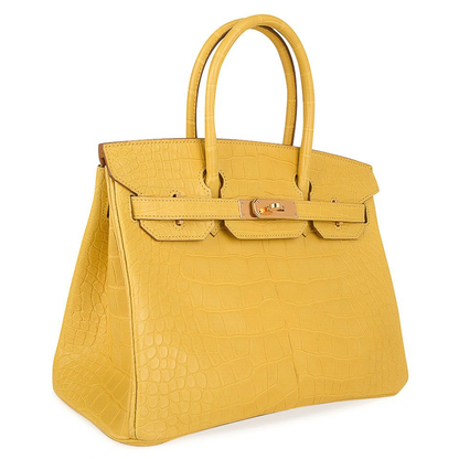 Bright Sunlit Mimosa Yellow Distinct Scaled Texture Compact Rigid Hand Tote With Polished Golden Twist Lock Hardware And Matching Scaled Suspended Metal Padlock Charm