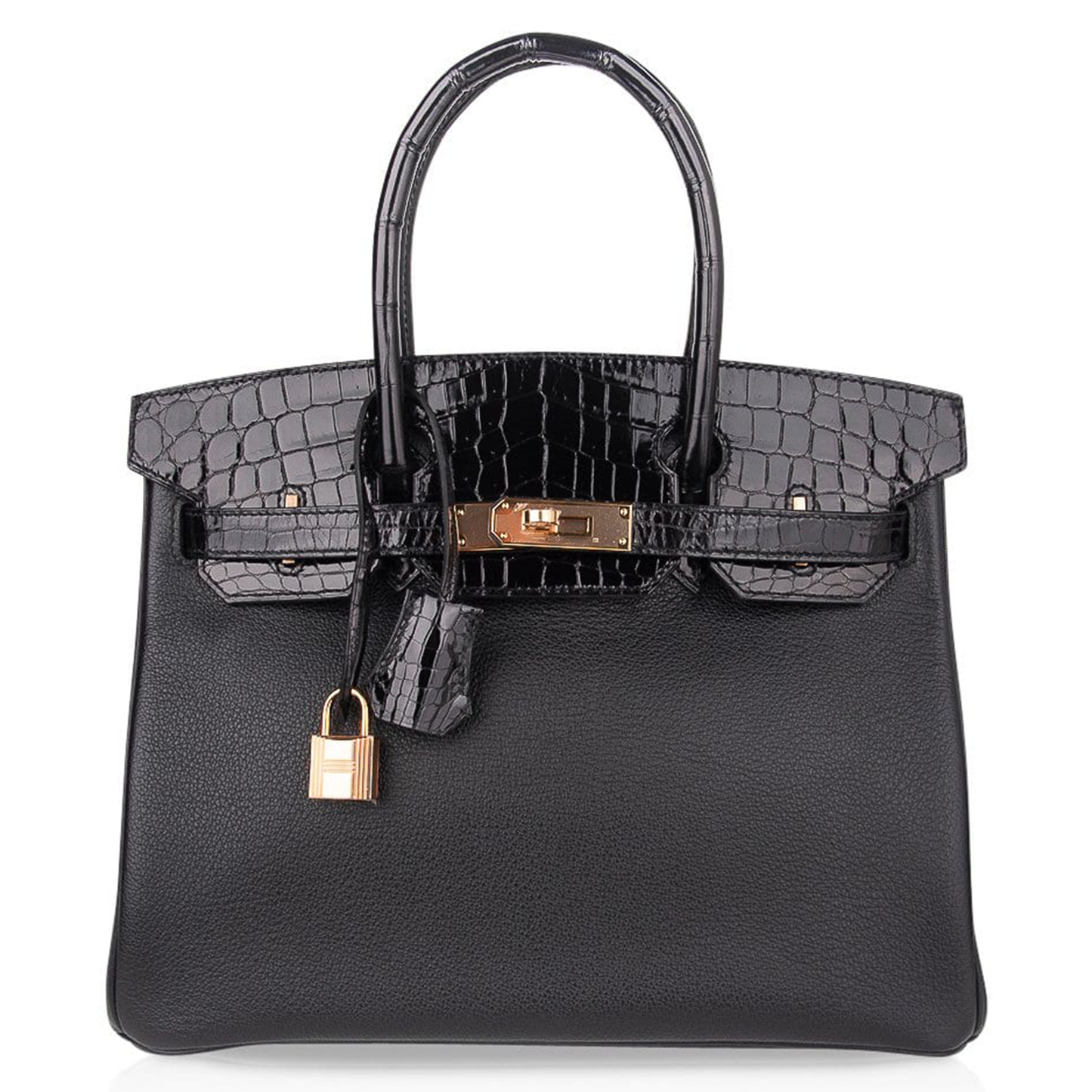 Sleek All-Black Dual Finish Compact Structured Hand Tote With Glossy Scaled Trim, Blush Rose Gold Twist Lock Hardware And Matching Scaled Suspended Metal Padlock Charm