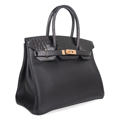 Sleek All-Black Dual Finish Compact Structured Hand Tote With Glossy Scaled Trim, Blush Rose Gold Twist Lock Hardware And Matching Scaled Suspended Metal Padlock Charm