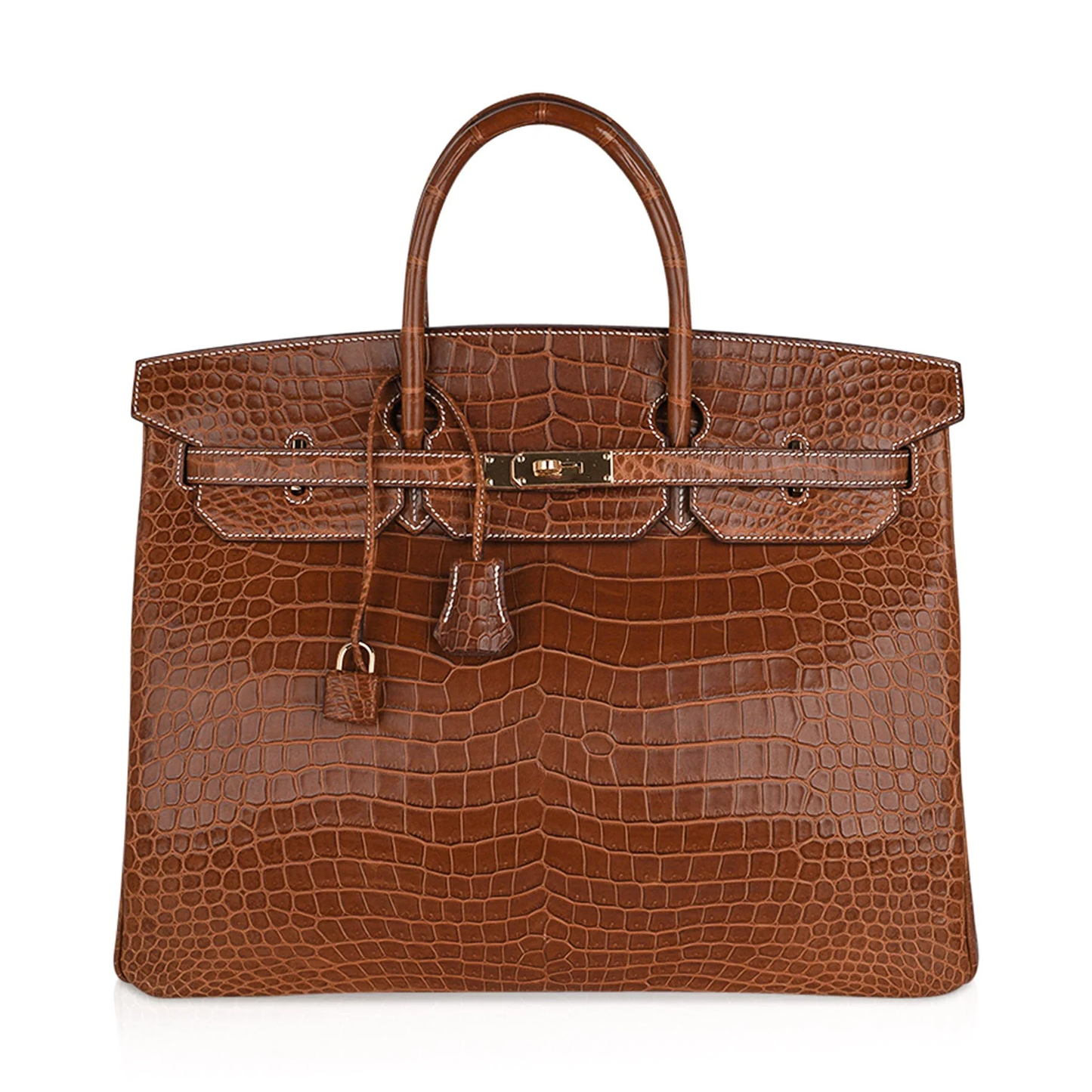 Warm Tawny Amber Brown Distinct Large Scaled Generous Sized Structured Hand Tote With Pale Contrast Edge Stitching, Luminous Golden Twist Lock Hardware And Matching Scaled Suspended Metal Padlock Charm