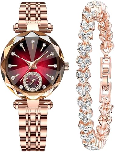 Women Watches with Bracelet Rose Gold for Lady Elegant Stainless Steel Strap Fashion Analog Creative Diamond Dial Wrist Watch