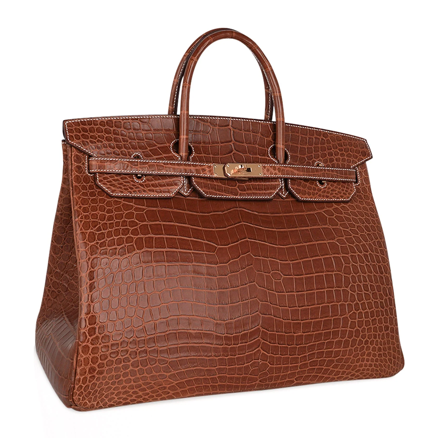 Warm Tawny Amber Brown Distinct Large Scaled Generous Sized Structured Hand Tote With Pale Contrast Edge Stitching, Luminous Golden Twist Lock Hardware And Matching Scaled Suspended Metal Padlock Charm