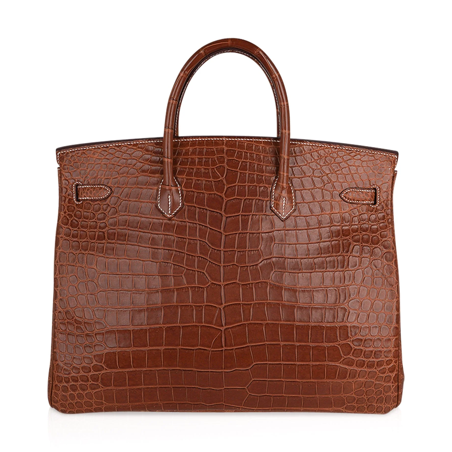 Warm Tawny Amber Brown Distinct Large Scaled Generous Sized Structured Hand Tote With Pale Contrast Edge Stitching, Luminous Golden Twist Lock Hardware And Matching Scaled Suspended Metal Padlock Charm