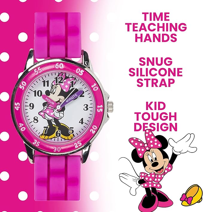 Mouse Time Teacher Watch for Girls - Analog Time Learning with Easy-to-Read Numbers and Comfortable Silicone Band