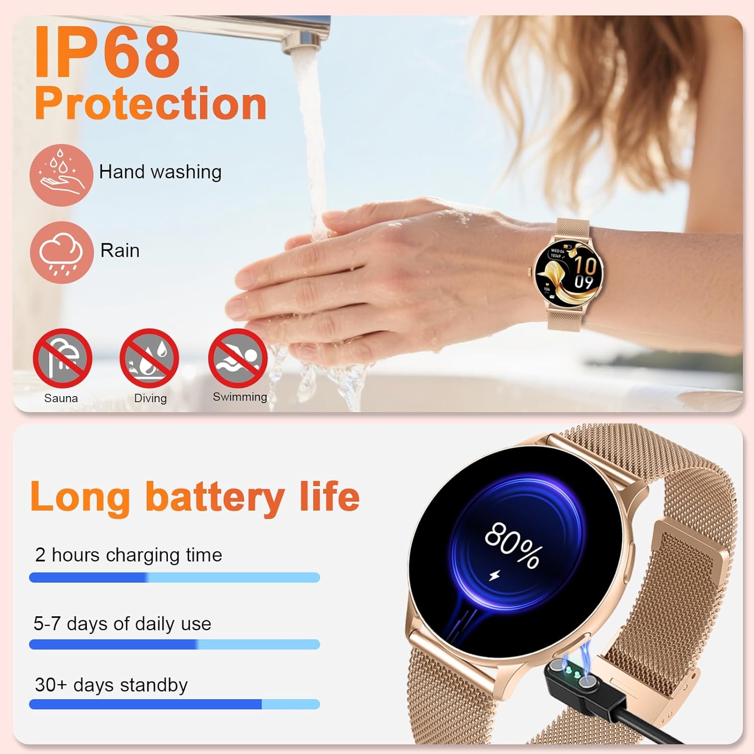 Smart Watches for Women, Fashion Womens Watch for Daily Wear with Step Heart Rate Sleep Tracking, IP68 Waterproof Lightweight Wrist Smartwatch for Work Travel Fitness